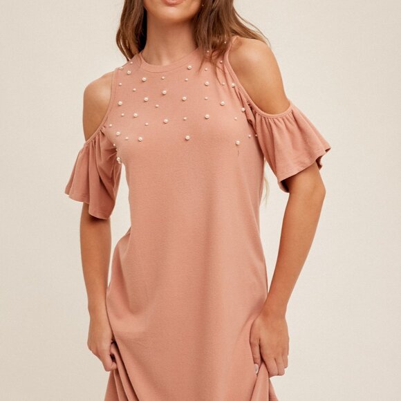 HEM & THREAD Blush Pink Pearl Cold Shoulder Dress Ruffle Sleeve Embellished - Picture 3 of 5